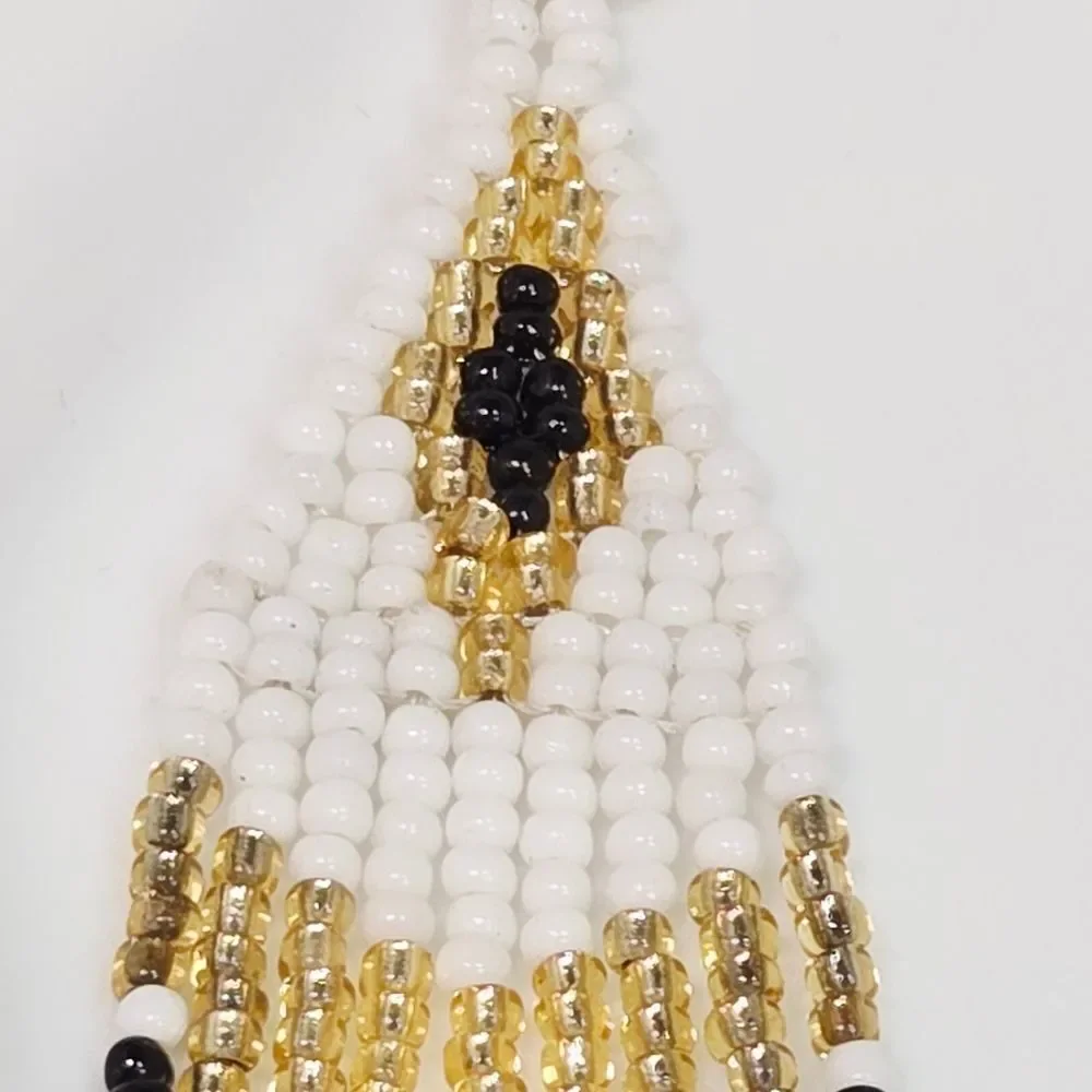 White Gold Black Glass Seed Beaded Fringe Earrings – Long Geometric Statement